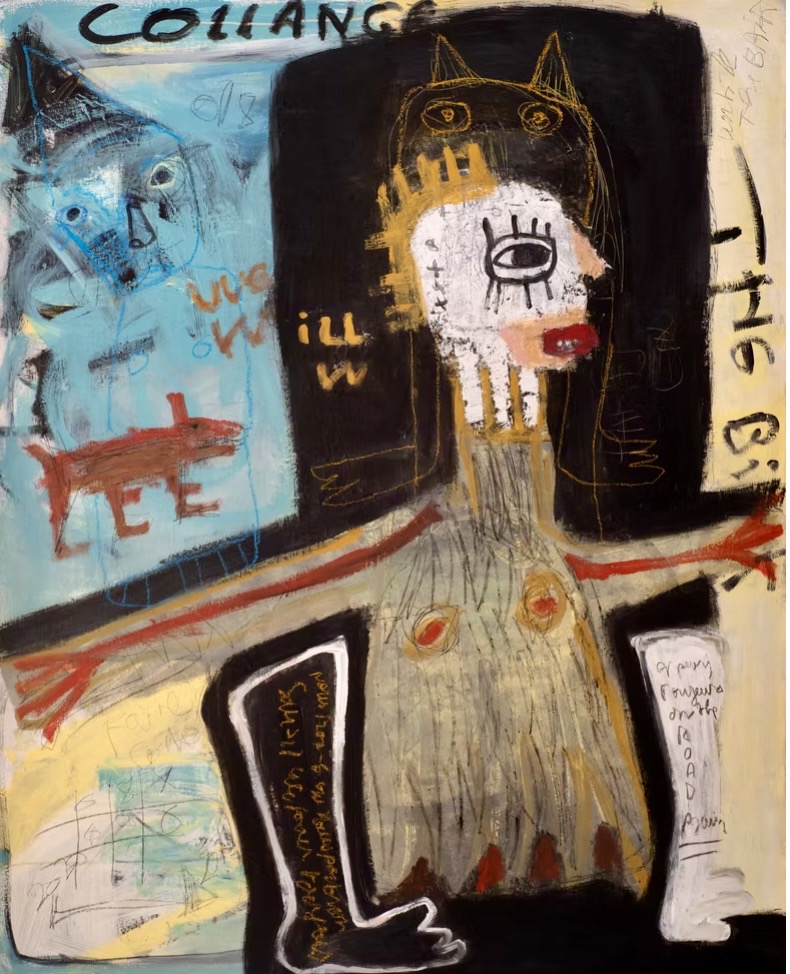 L'homme qui marche, peinture contemporaine de Nathalie Collange, acrylique et techniques mixtes sur toile, 100x140 cm